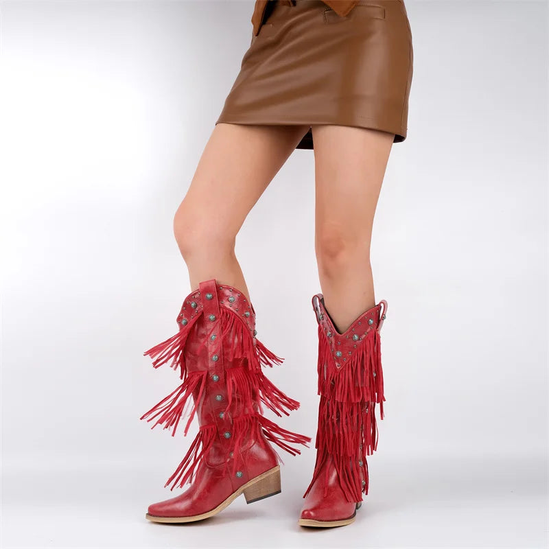 Onlymaker Women Pointed Toe Fringe Pull-on Knee High Boots Comfy Pull On Mid Calf Chunky Heel Embroidered Western Boots