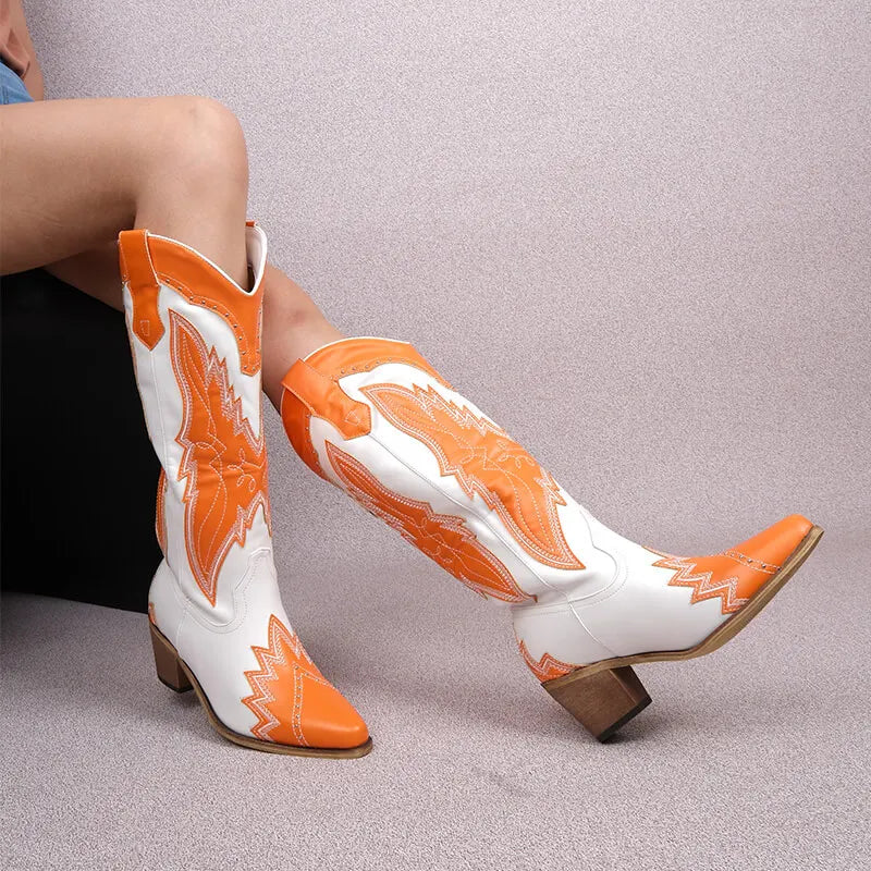 Onlymaker Women Pointed Toe Retro Pull On Western Cowgirl Boots Fringed Chunky Heel Embroidery Cowboy Boots