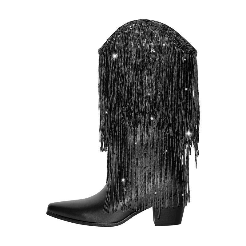 Female Black Rhinestone Mid-Calf Fringe Cowboy Boots Bling Party Women Boots