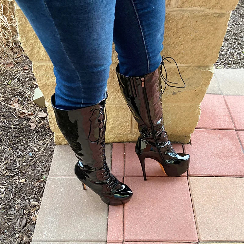 Onlymaker Women Platform Knee High Boots Zip Round Toe Stiletto High Heel Lace Up  Fashion Sexy Patent Leather Winter Boots