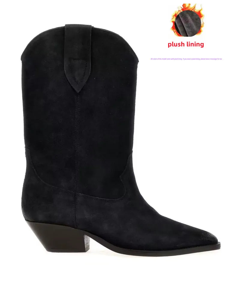 2025 Autumn and winter new women's thick heel high short boots, fashionable pointed casual plus size women's calf boots