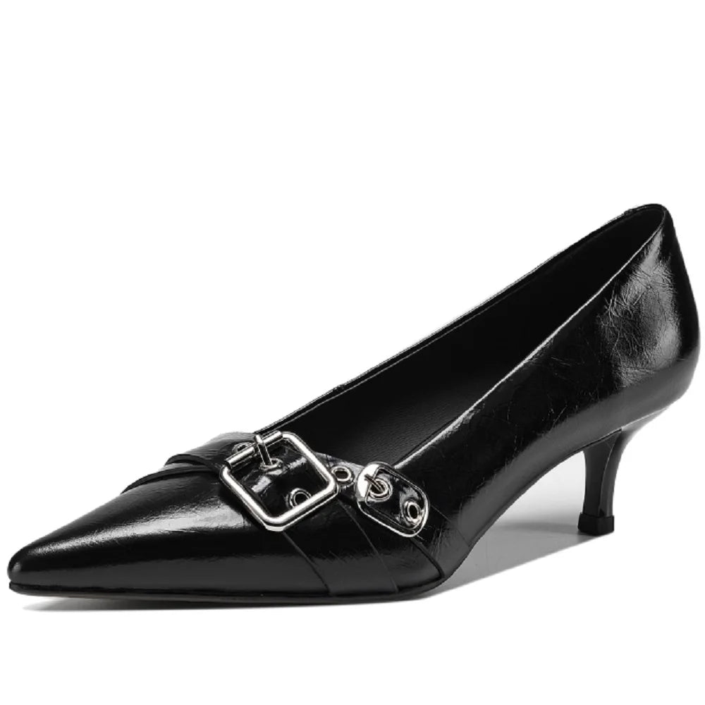 Handmade Genuine Leather Mid Heels Women Shoe Footwear Pointed Toe Party Ladies Shoes Buckle Strap Female Pump