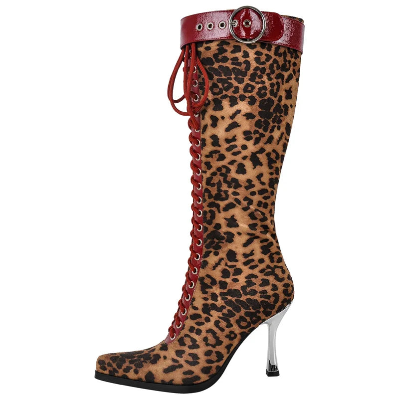 Women Pointed Toe Leopard Buckle Detail Knee High Boots  Stiletto Sexy  Kitten Heels Side Zipper Winter Boots