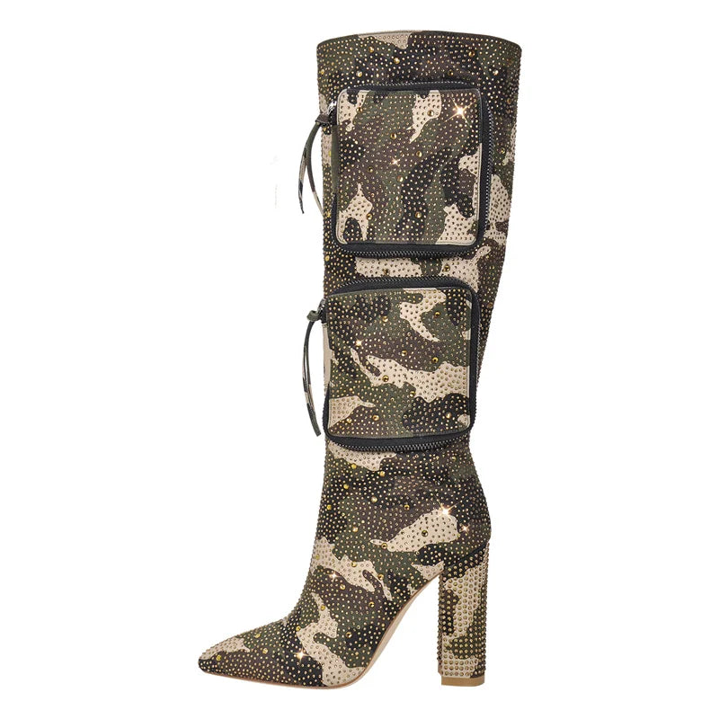 Onlymaker Women Rhinestone Knee High Boots Block Heel Handmade Fashion Pointed Toe Bling  Boots