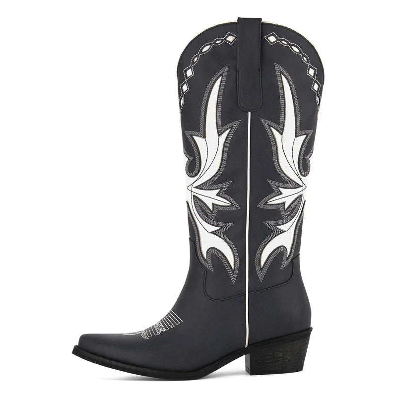 Onlymaker Women Pointed Toe Rivet Pull On Knee High Embroidery Western Cowgirl Boots Chunky Heel Embroidery Cowboy Boots