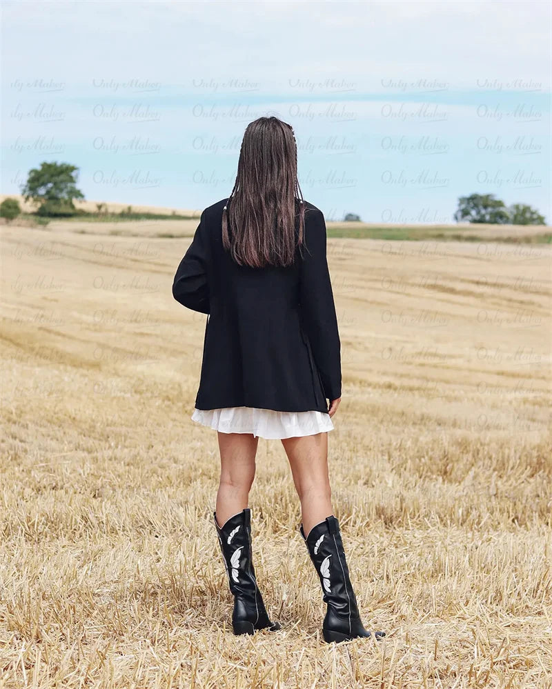 Women Black Western Boots  Butterfly Embroidery Mid-Calf Big Size Western Boots