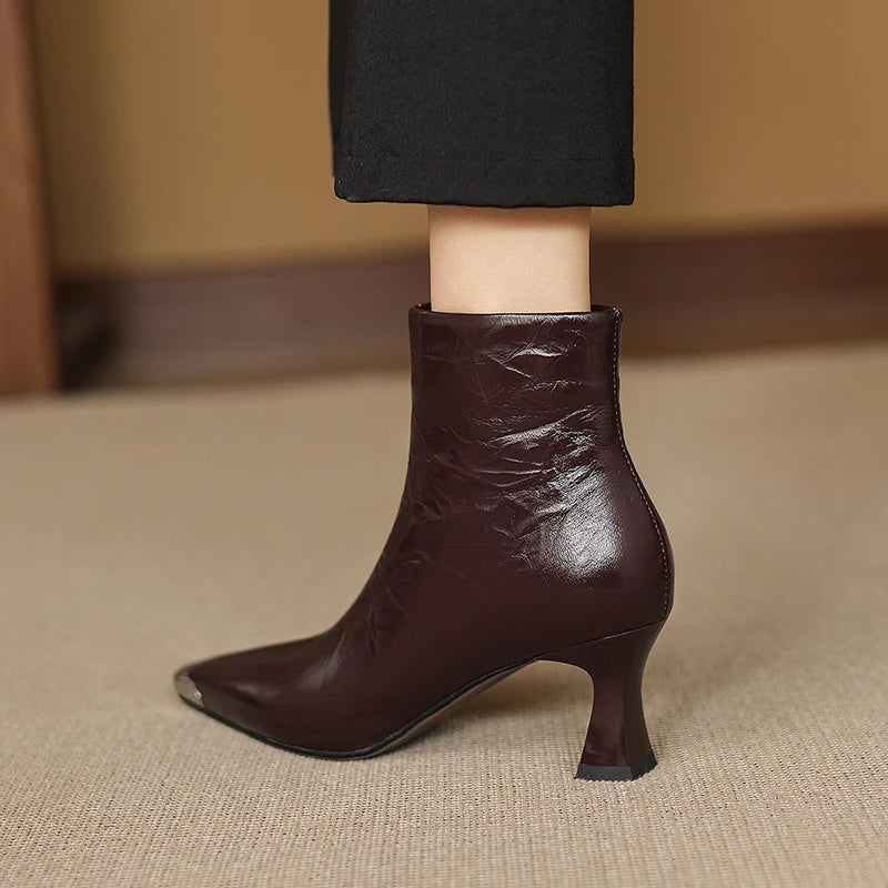 New Women Ankle Boots Winter Genuine Leather Autumn Shoes High Heels Pointed Toe Dress Lady Short Boots