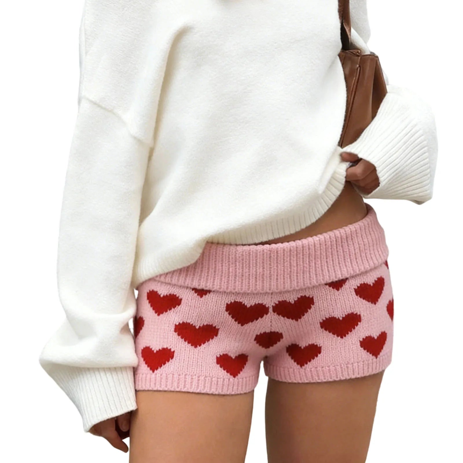 Women Summer Heart Print Knitted Casual Micro Shorts Folds Over Low Waist Elastic Waist 90s Aesthetic Slim Bottoms Shorts Pants