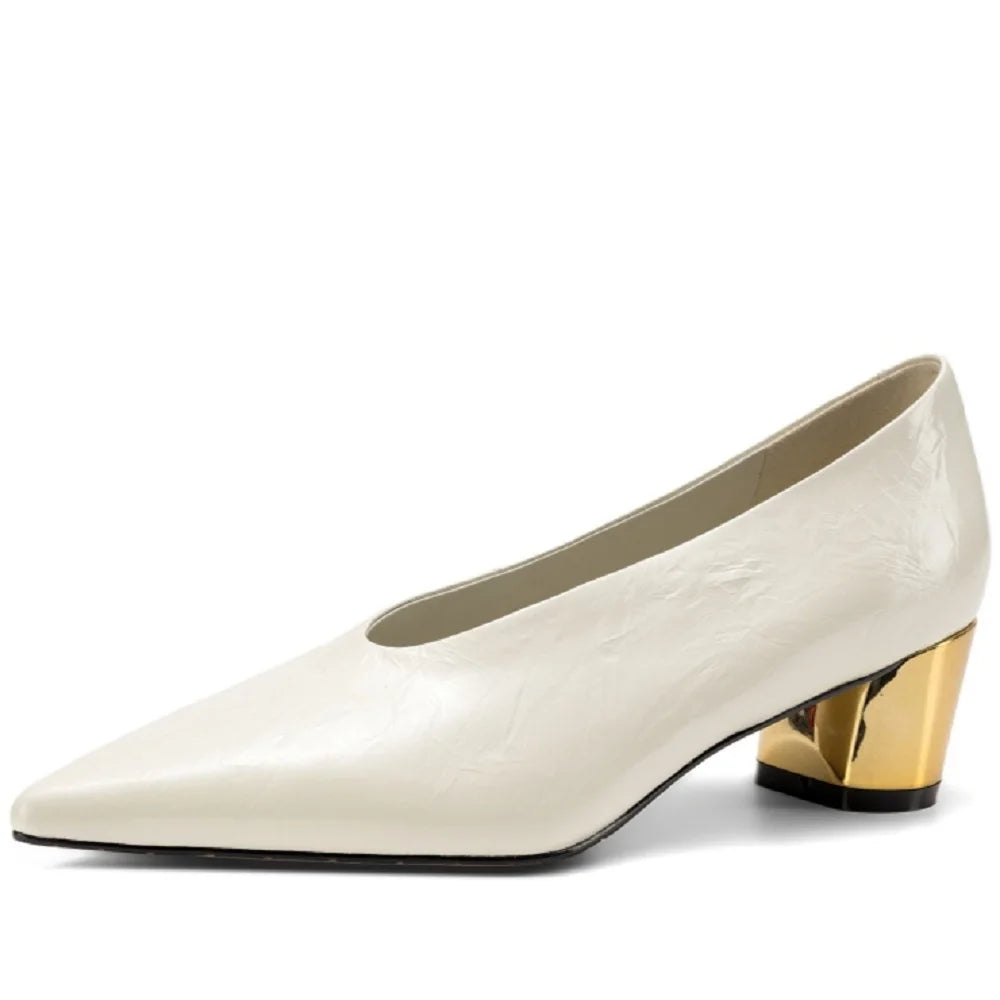 Sexy Handmade Genuine Leather New Designer Vintage Evening Shoes Ladies Pointed Toe V Cut Woman Shoes Mid Heel
