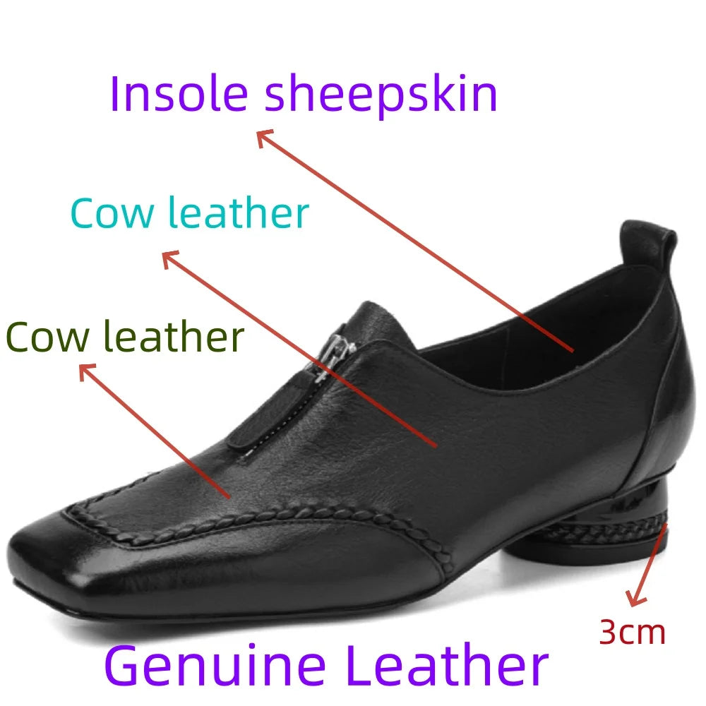 women's Handmade Genuine Leather Square toe front zip high quality soft comfortable casual female 34-40