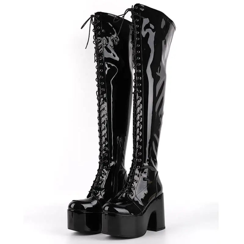Onlymaker Round Toe Platform Patent Leather Boots Chunky Heel Gothic Boots Side Zipper Lace-up Thigh High Punk Boots