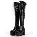 Onlymaker Round Toe Platform Patent Leather Boots Chunky Heel Gothic Boots Side Zipper Lace-up Thigh High Punk Boots