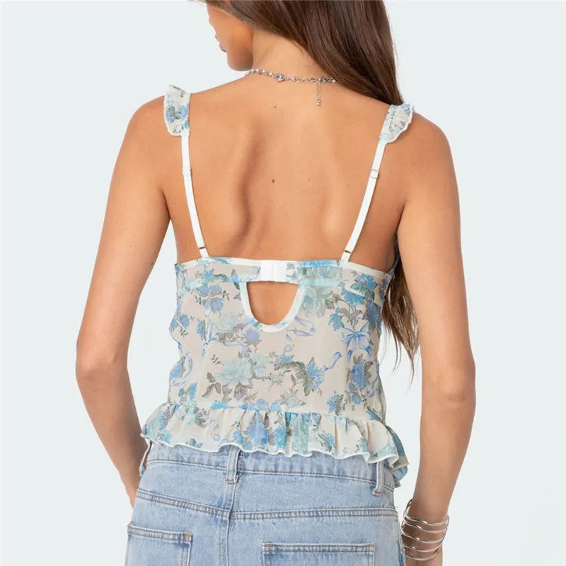 Women Camisoles Floral Print Ruffles Casual Tank Tops Summer Fashion Sleeveless Crop Tops Y2K Vintage Streetwear