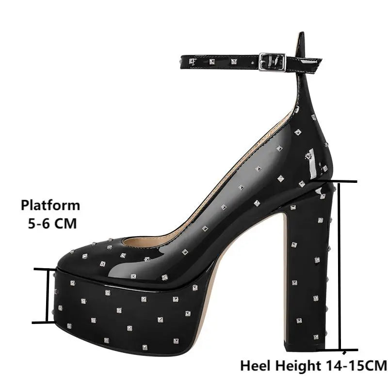Women Mary-Jane Platform Pumps  Black Chunky  High Heels Ankle Strap Dress Party Big  Size Female Shoes