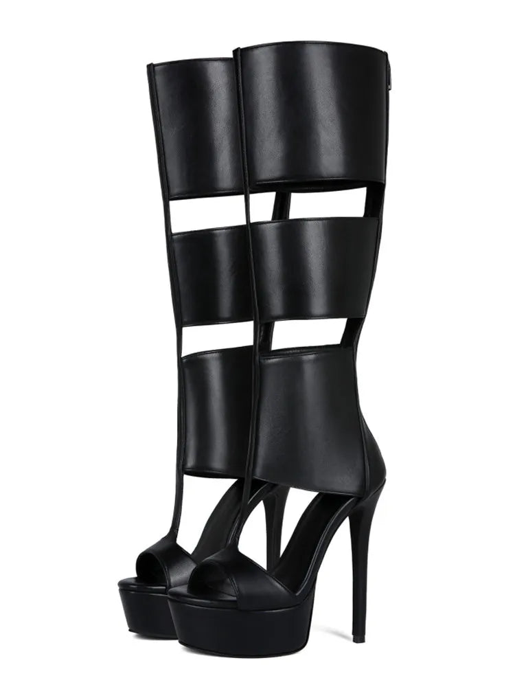 2026 Summer Hollow Out Thick Soled Knee High Cool Boots Fashion Runway Runway Slim High Heels Plus Size Women's Long Boots