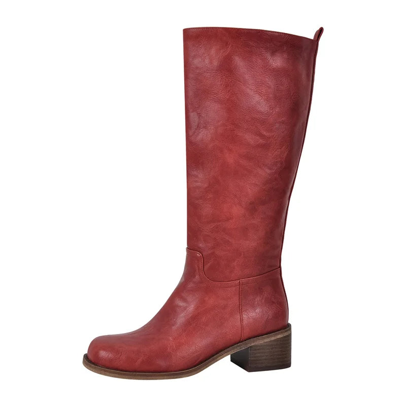 Onlymaker Women Round Toe Knee High Boots Low Heel  Fashion Pull on Wide Calf  Boots