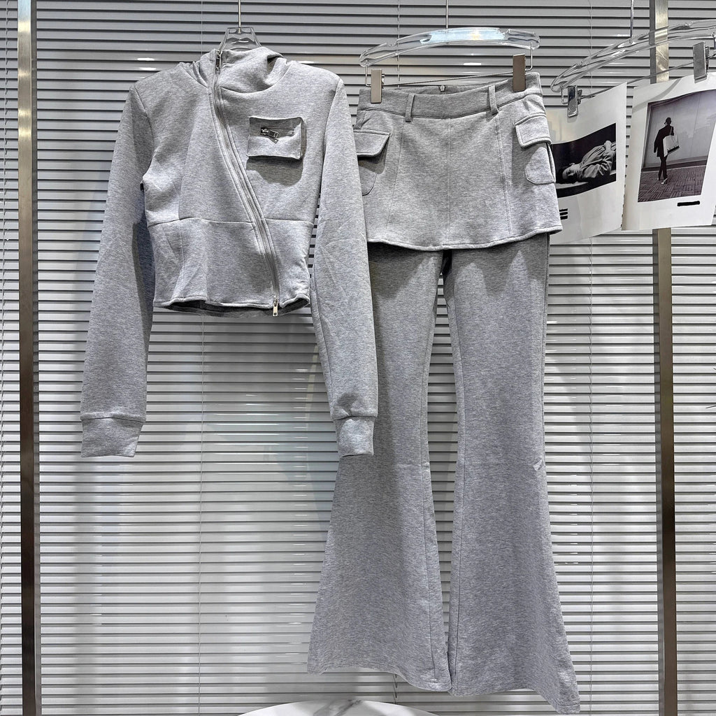 2025 Autumn New Women's Two-pieces Set Diagonal Zipper Hooded Sweatshirt Slim Fit Flared Pants Female Trendy 11A06593