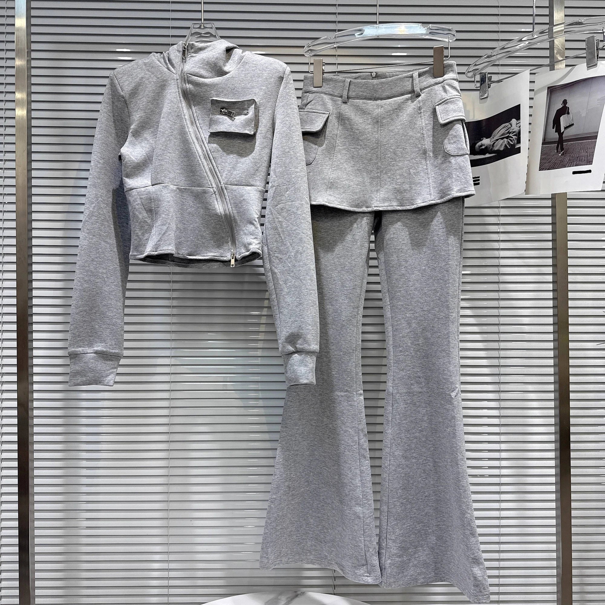 2025 Autumn New Women's Two-pieces Set Diagonal Zipper Hooded Sweatshirt Slim Fit Flared Pants Female Trendy 11A06593