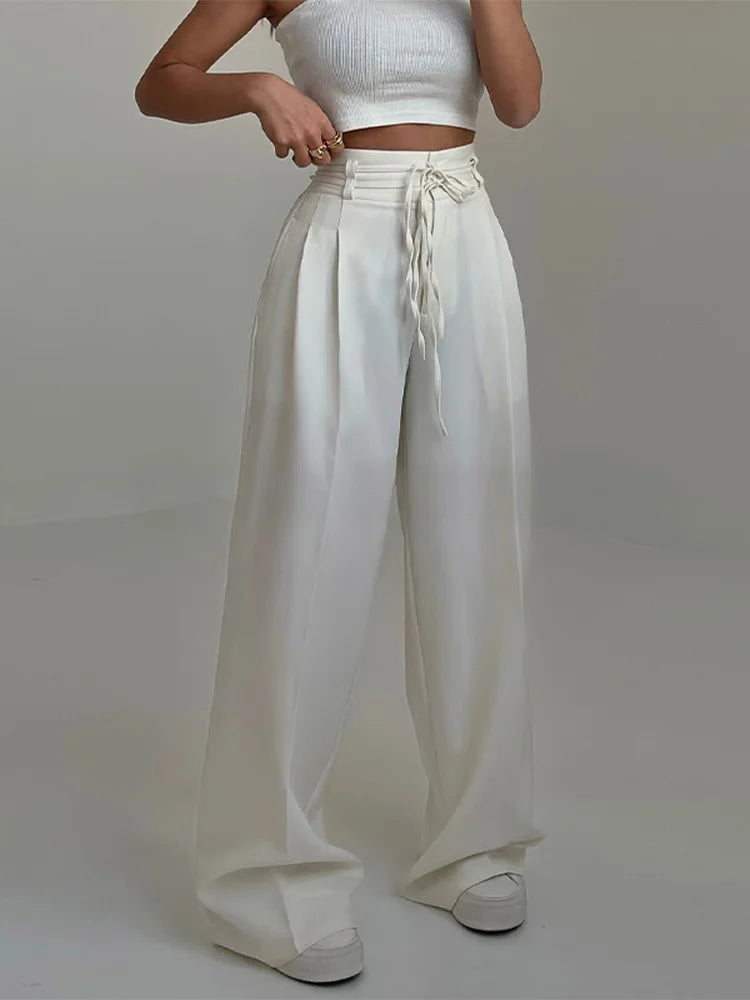 Fashion Y2K Wide Leg Long Pant For Women Elegant Elastic High Waist Double Drawstring Baggy Pant Office Lady Loose Suit Trousers