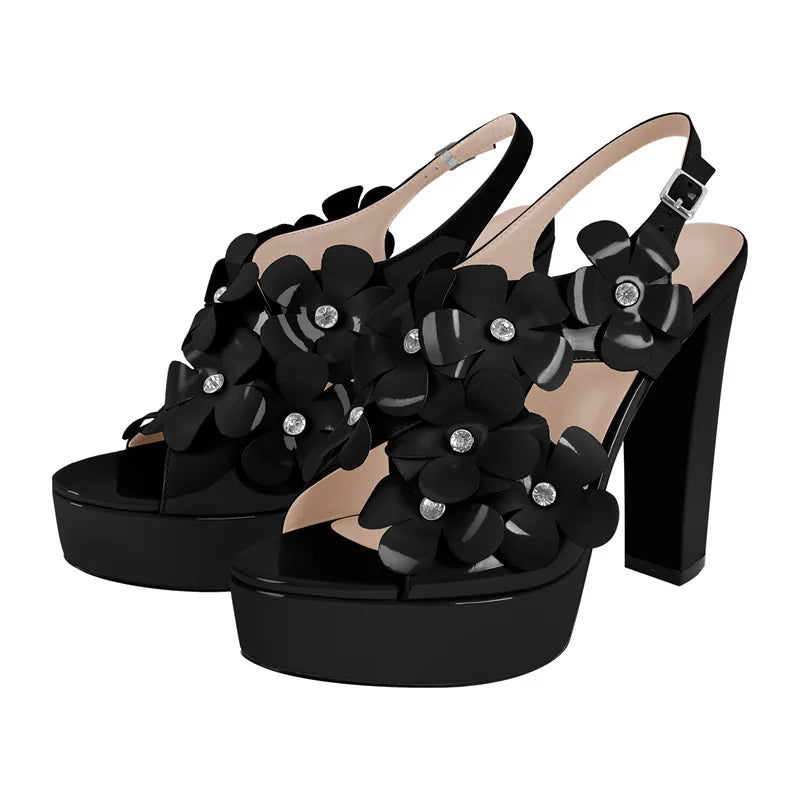 Women Open Toe Pink Patent Leather  Platform Chuncky Heel Ankle Buckle Strap Sandals Big Size Flower Punk Sandals