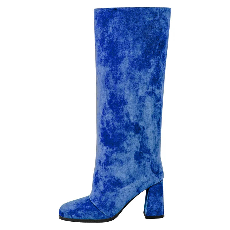 Onlymaker Square Toe Faux Suede Leather Knee-high Boots Chunky Heel Shoes Autumn Solid Slip On Fashion Elegant Boots