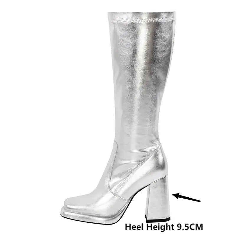 Onlymaker Women Square Toe Sliver Knee High Boots Side Zipper Fashion Handmade Chuny Heel  Big Size Female Boots