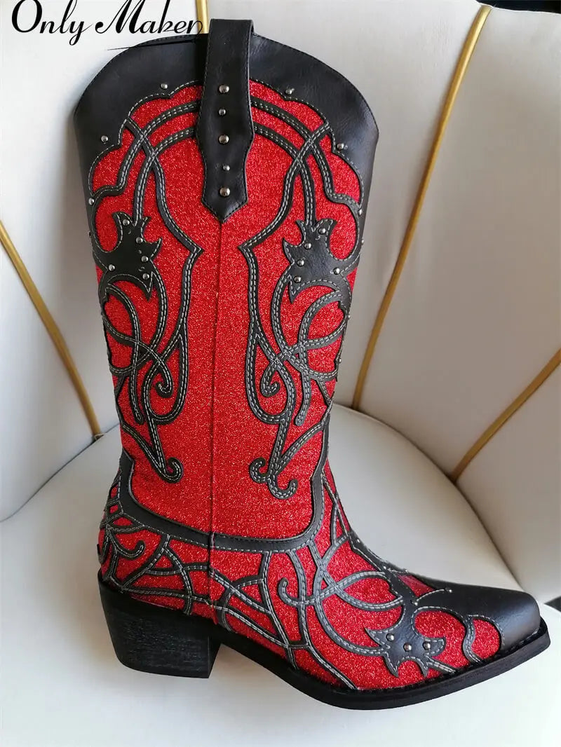 Onlymaker Women Glitter Rivet Pull-on Knee High Western Boots Big Size US15 Sparkly  Cowgirl Boots