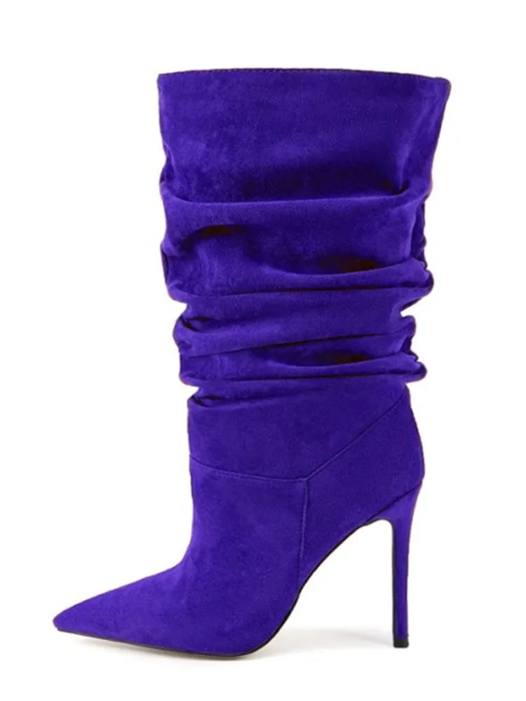 2026 Women's Autumn and Winter New Pleated High-heeled Short Boots with Pointed Sleeves, Women's 35-47 Large Mid Length Boots