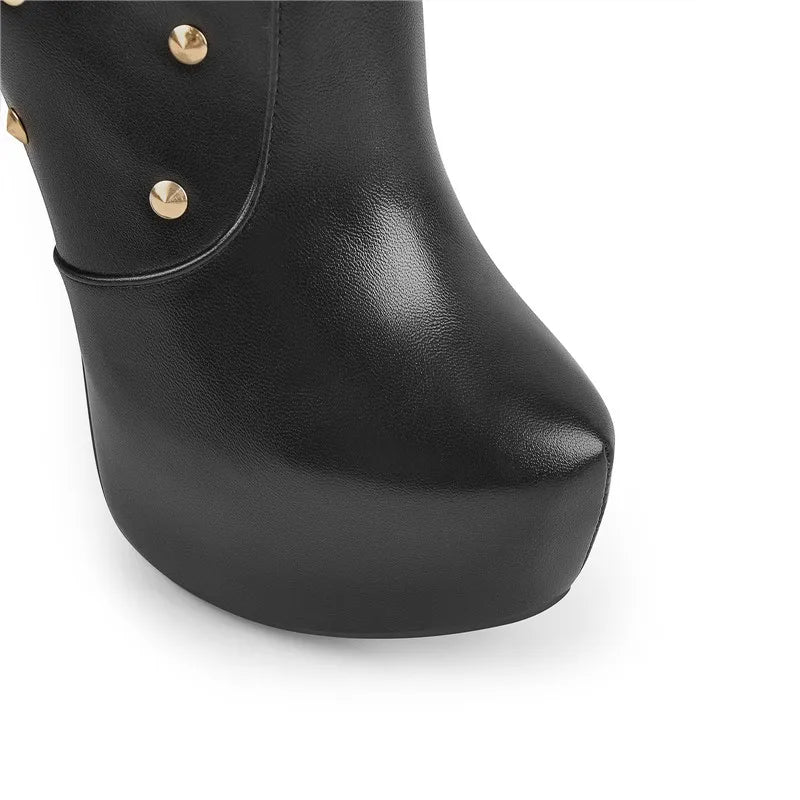 Onlymaker Women Platform Boots  Round Toe Stiletto Zipper Knee High High Heel Rivet Handmade Fashion Boots