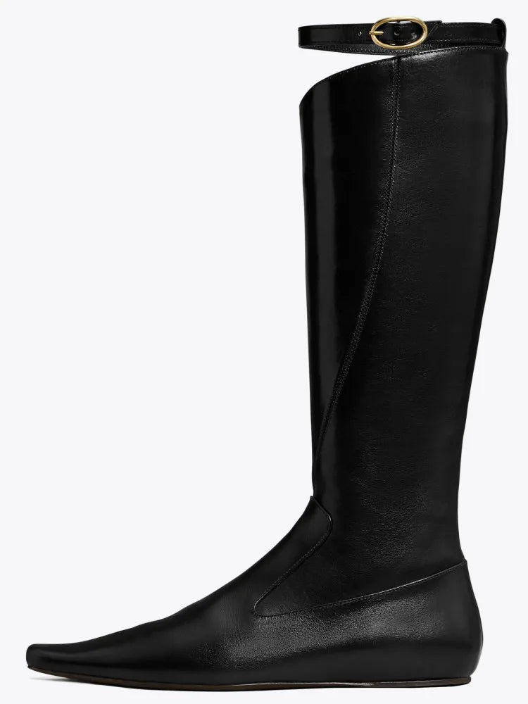 2026 Autumn and Winter, Knee High Women's Boots with Square Toe, Fashionable Black Midsole, Flat Bottom Women's Boots