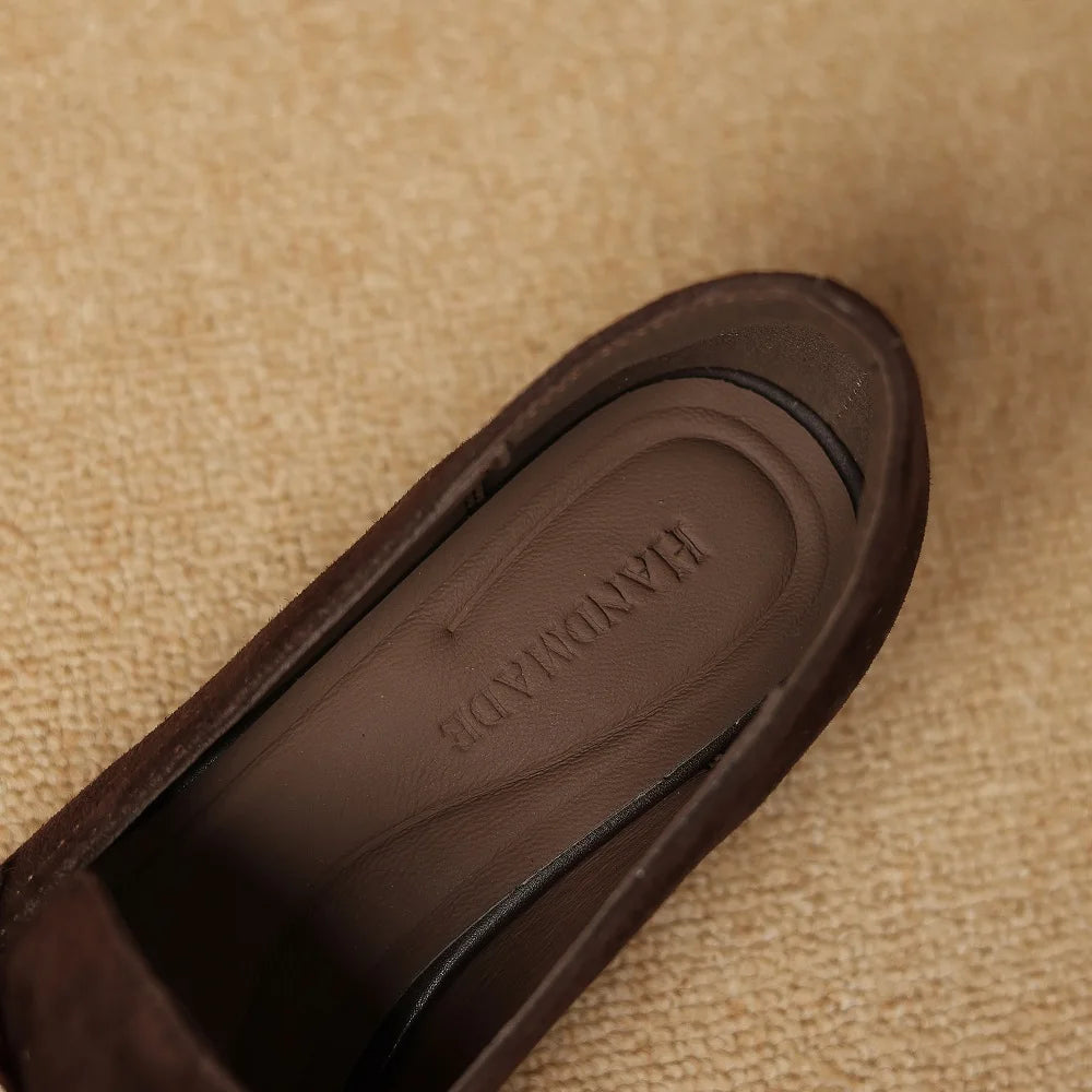 Women Handmade Suede Round Toe Vintage Metal Decoration Solid Color Casual Mid Hells Shoes Female 34-40