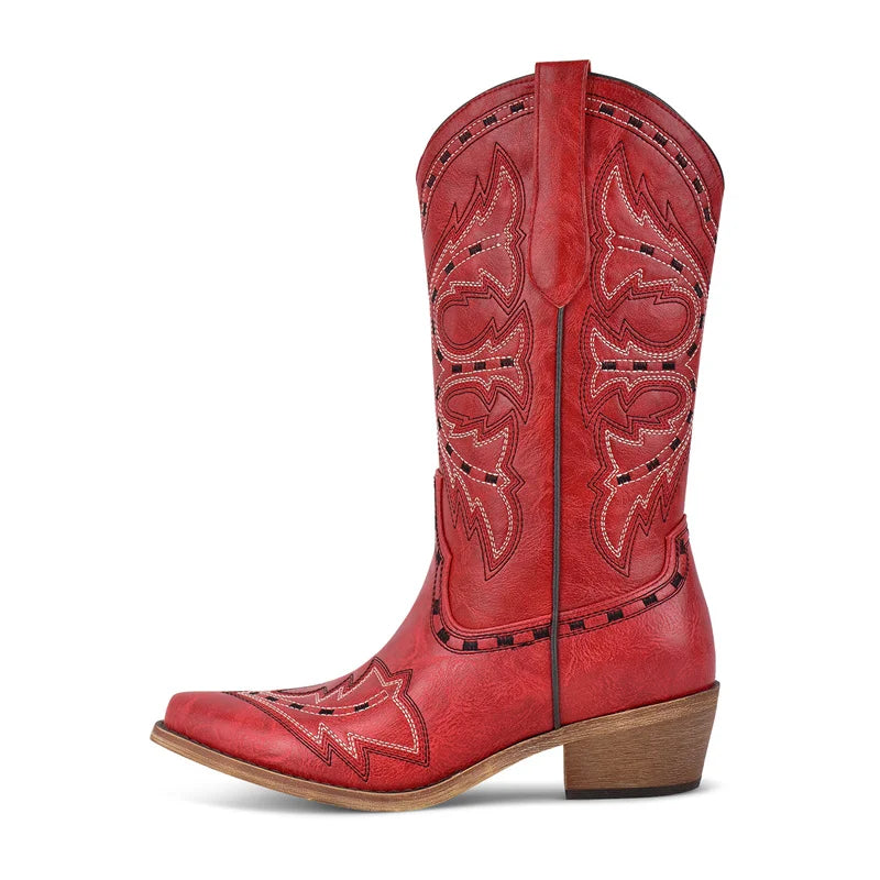 Womens Pointed Toe Embroidered Pull On Casual Boots Mid Calf Low Heel Cute Western boots