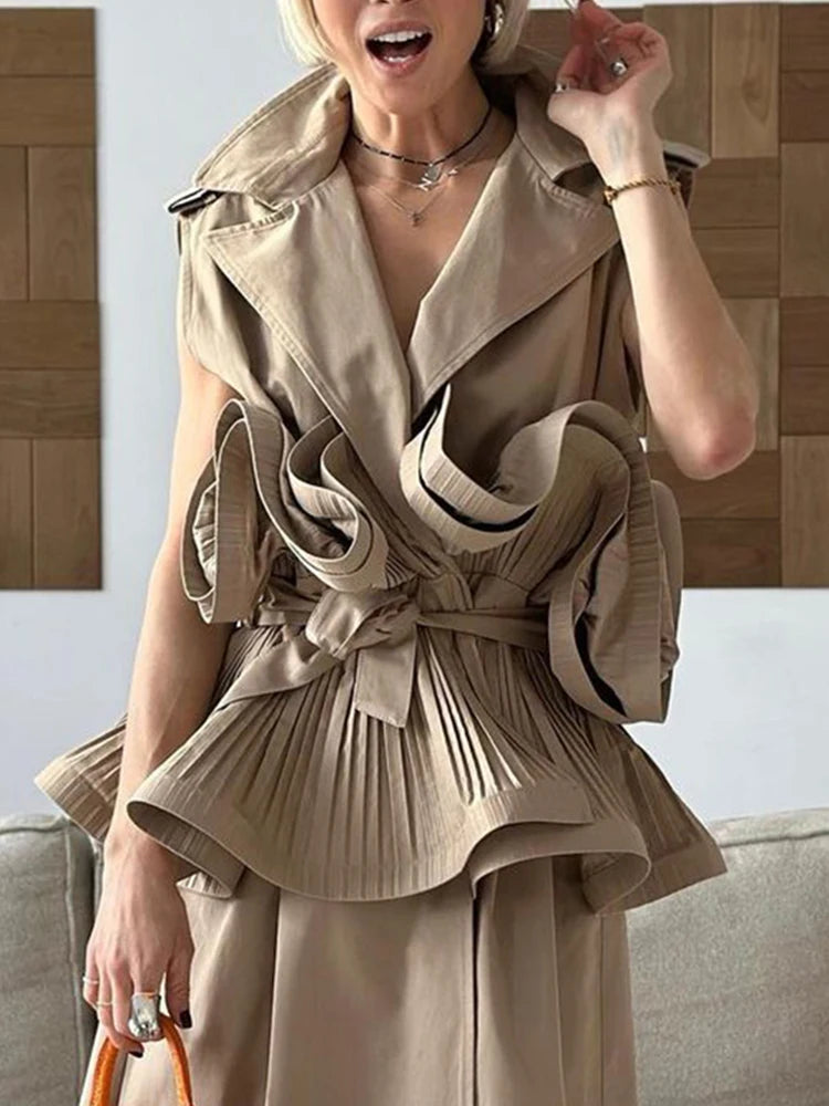 Solid Patchwork Folds Elegant Blouse For Women Lapel Sleeveless Tunic Temperament Spliced Belt Shirt Female Fashion Style