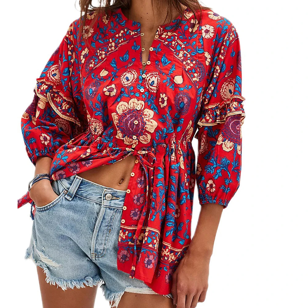 Women Y2K Boho Floral Puff Sleeve Peplum Tunic Blouse Vintage Front Tie Up Button Shirt Flower Ruffle Trim Loose Fit Dressy  Top