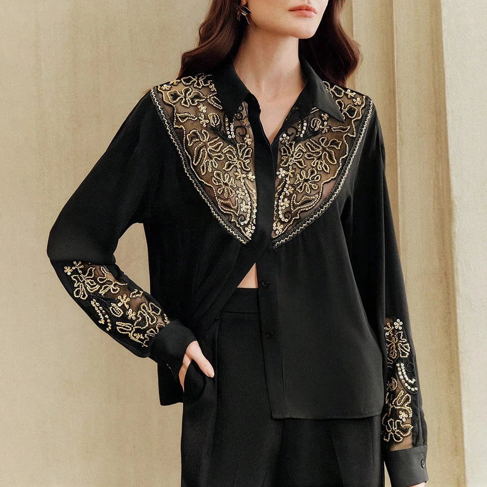 Elegant Business Meetings Black Shirt with Gold Embroidery for Women Spliced Sheer Mesh Slimming Shirts for Luxury Dinners