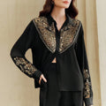 Elegant Business Meetings Black Shirt with Gold Embroidery for Women Spliced Sheer Mesh Slimming Shirts for Luxury Dinners