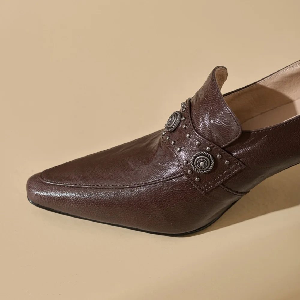 Women Handmade Genuine Leather Soft and comfortable Pointed Toe Chunky Belt Buckle High Heel Shoes 34-40