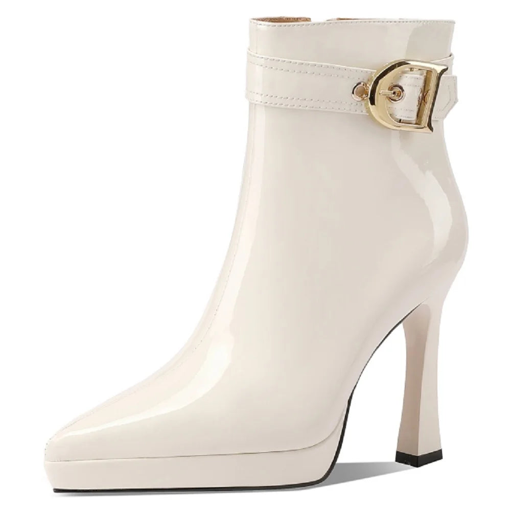 Women Handmade Genuine Leather Plush Platform Ankle Boot High Chunky Heels Office Ladies Buckle Zipper Short Boot