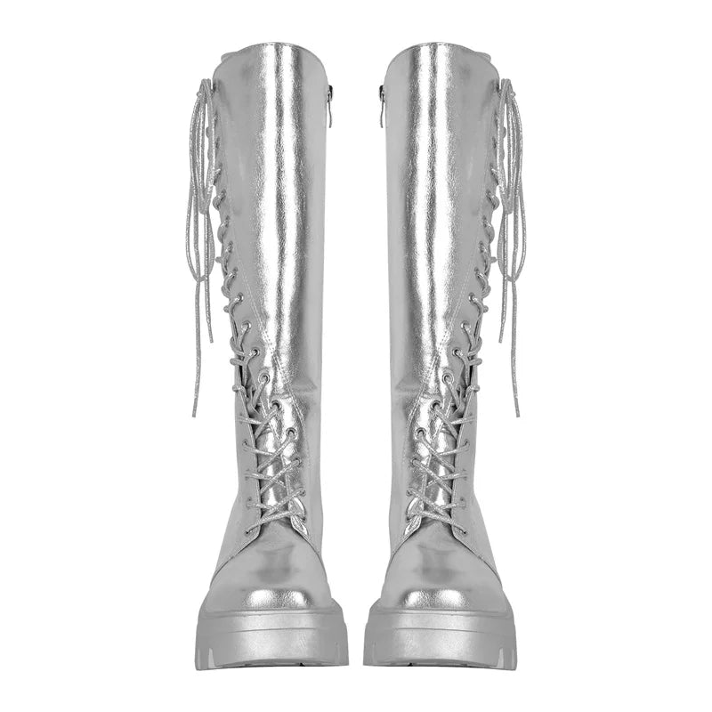 Onlymaker Women Silver Knee High Boots Round Toe Side Zipper Matte  Lace UP Plus Size Female Punk Boots