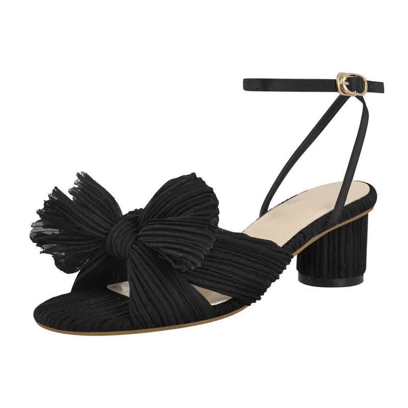 Women Peep Toe Black Pleated Bowknot Mid Chunky Heel 6cm Summer Sandals