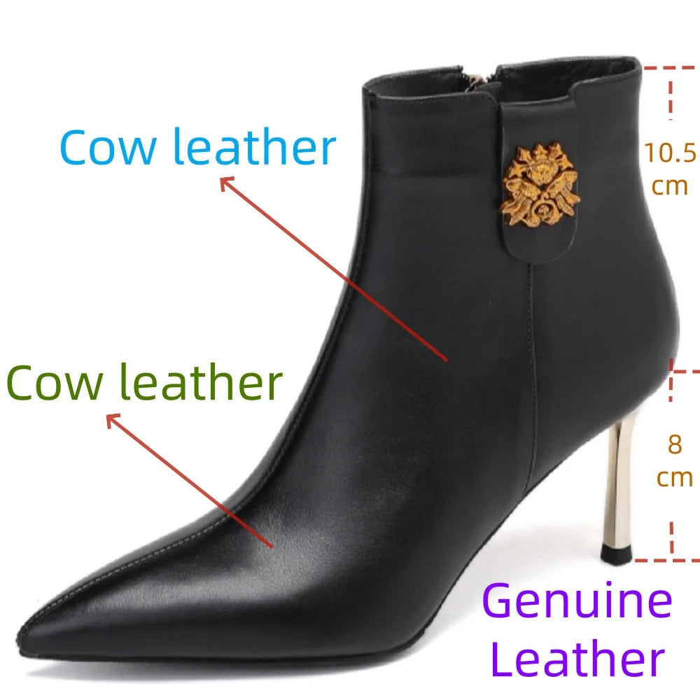 Handmade Genuine Leather Women Elegant Point Short Boots Female Autumn Winter Shoes Party Shoes 33-40