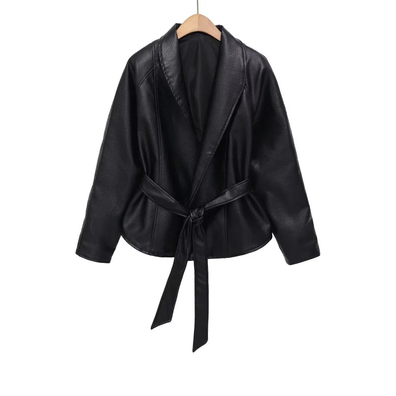 Women's PU Leather Vintage Wrap Jacket Belted High Neck Short Coat 2026 Spring Minimalist Retro Urban Fashion Outerwear