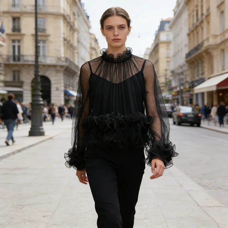 2026 Early Spring New French Style Elegant Ruched Lace Inner Camisole Chiffon Blouse For Women Versatile Shirt 1A2228