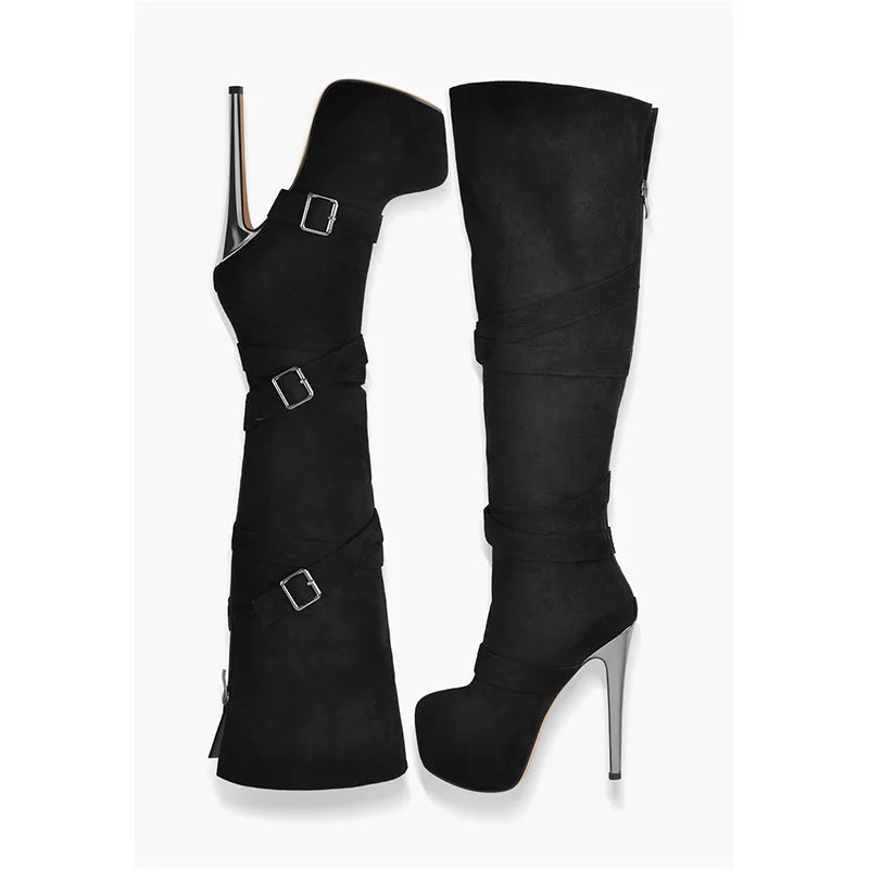 Onlymaker Women Black Platform Over The Knee  Boots 16CM High Heel Stiletto Buckle High  Back Zipper  Plus Size Boots