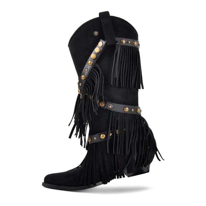 Onlymaker Women Black Pointed Toe Fringe Pull-on Knee High Boots Comfy Pull On Mid Calf Chunky Heel Western Boots