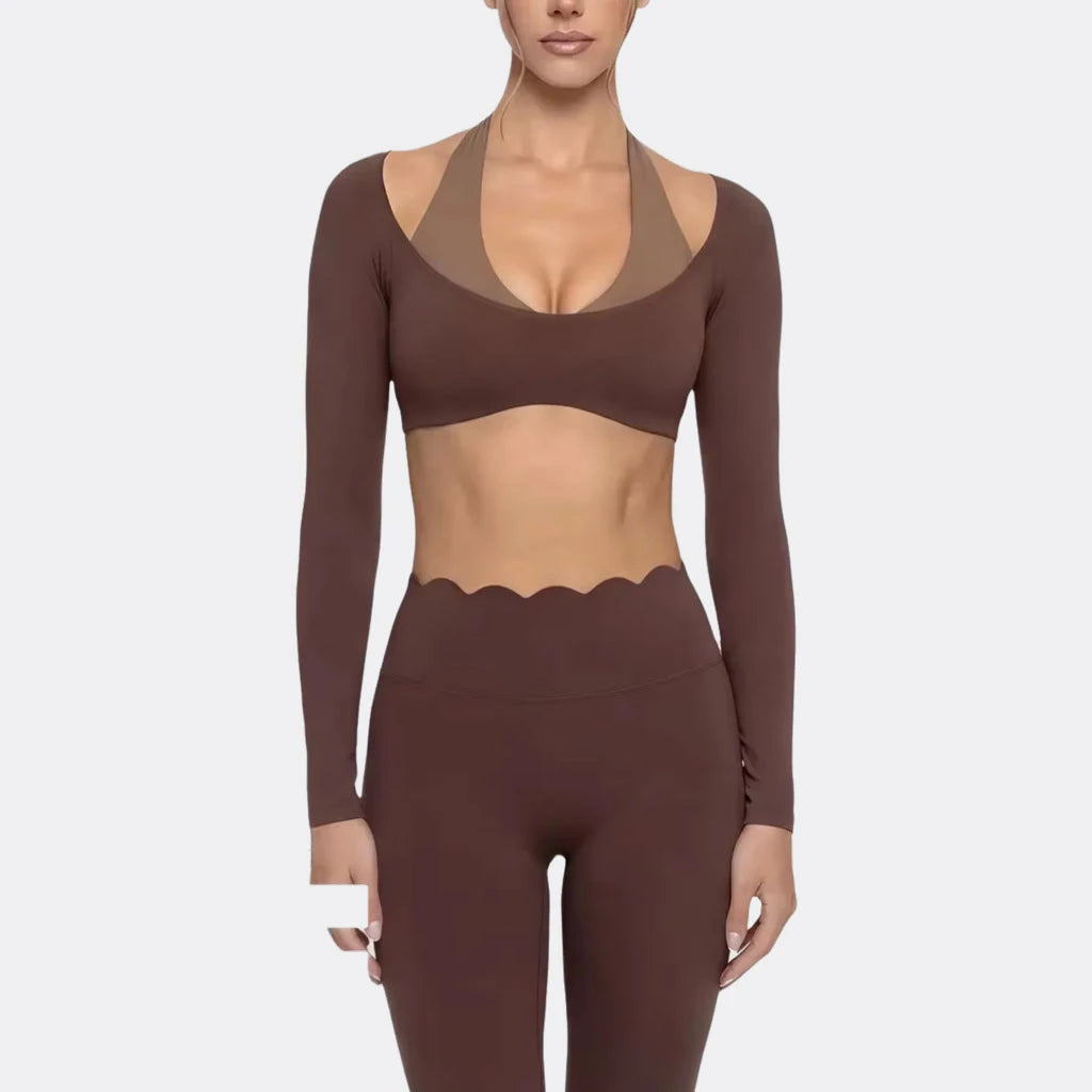 Women's Fake Two-Piece Sports Long Sleeve Halter Neck Pilates Yoga Shirt Slim Fit Fitness Sports Top Leggings Workout Tights