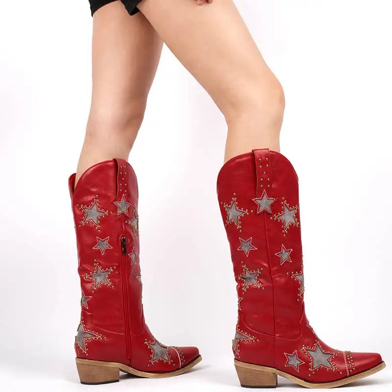 Onlymaker Women Embroidery Star Western Cowgirl Boots Pointed Toe Side Zipper Knee High with Chunky Heel  Boots