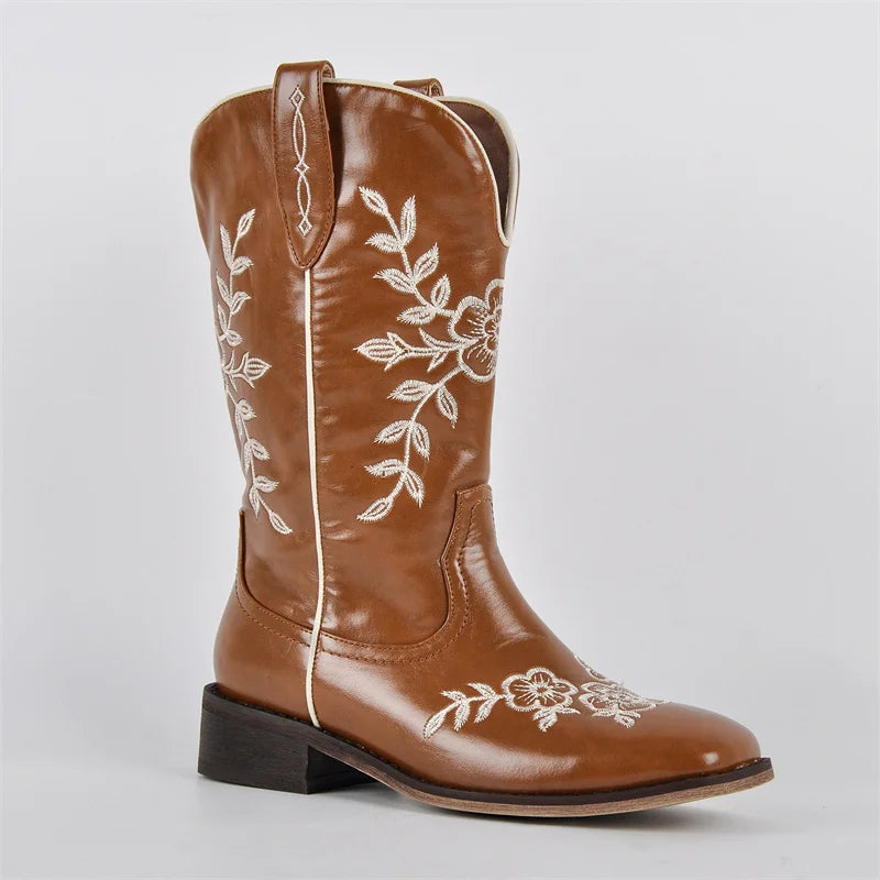 Women Brown Square Toe Embroidery Western Cowgirl Boots Pull On Knee High with Chunky Heel Embroidered Boots
