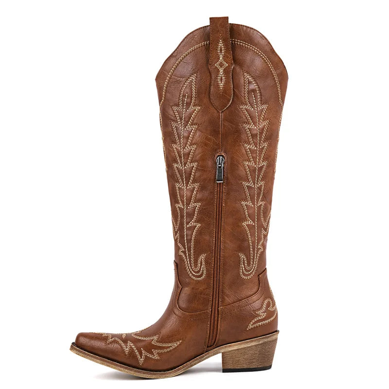 Onlymaker Women Pointed Toe Fringe Side Zipper Retro Western Cowgirl Boots Fringed Chunky Heel Embroidery Cowboy Boots
