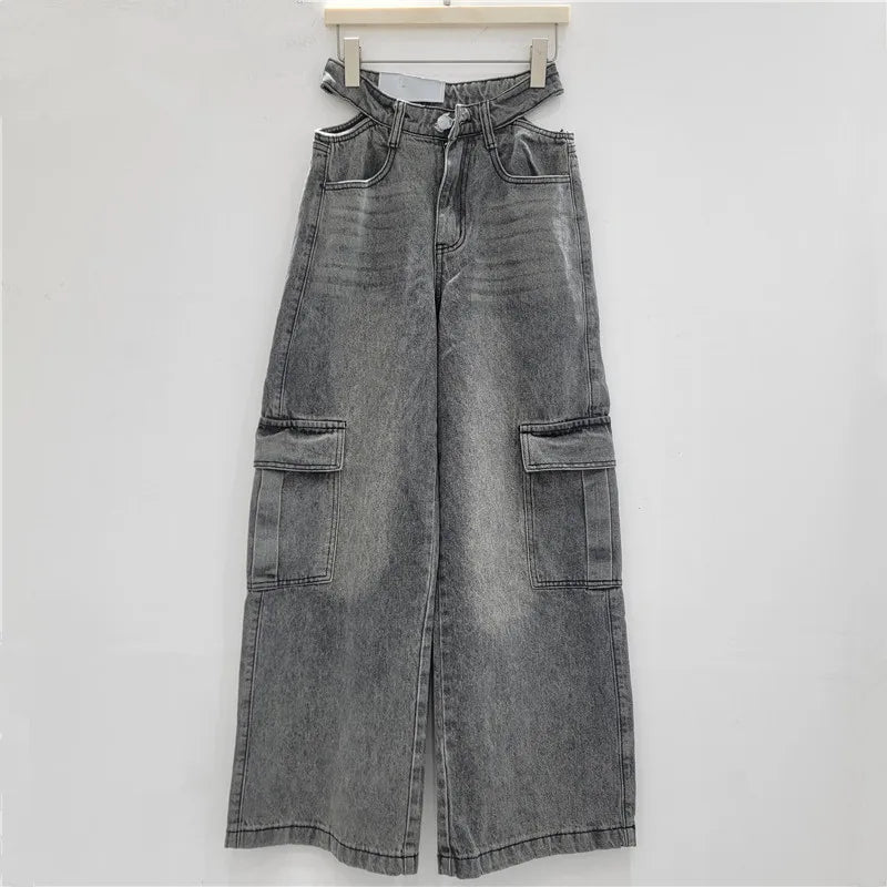 2026 Spring New Fashion Vintage Cargo Jeans For Women High Waist Hollow Out Straight Versatile Wide-Leg Pants 11A08747